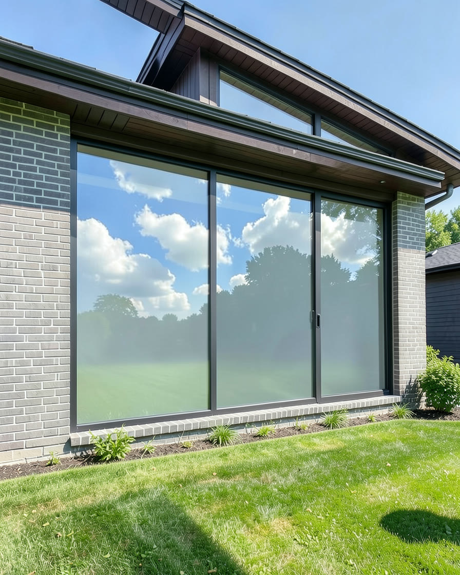 Maison après la pose d'une pellicule miroir Priveo : les fenêtres reflètent le ciel, on ne voit plus l'intérieur