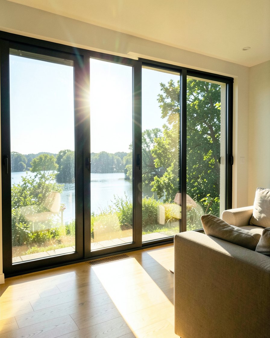 Salon avant la pose : soleil éblouissant à travers la fenêtre