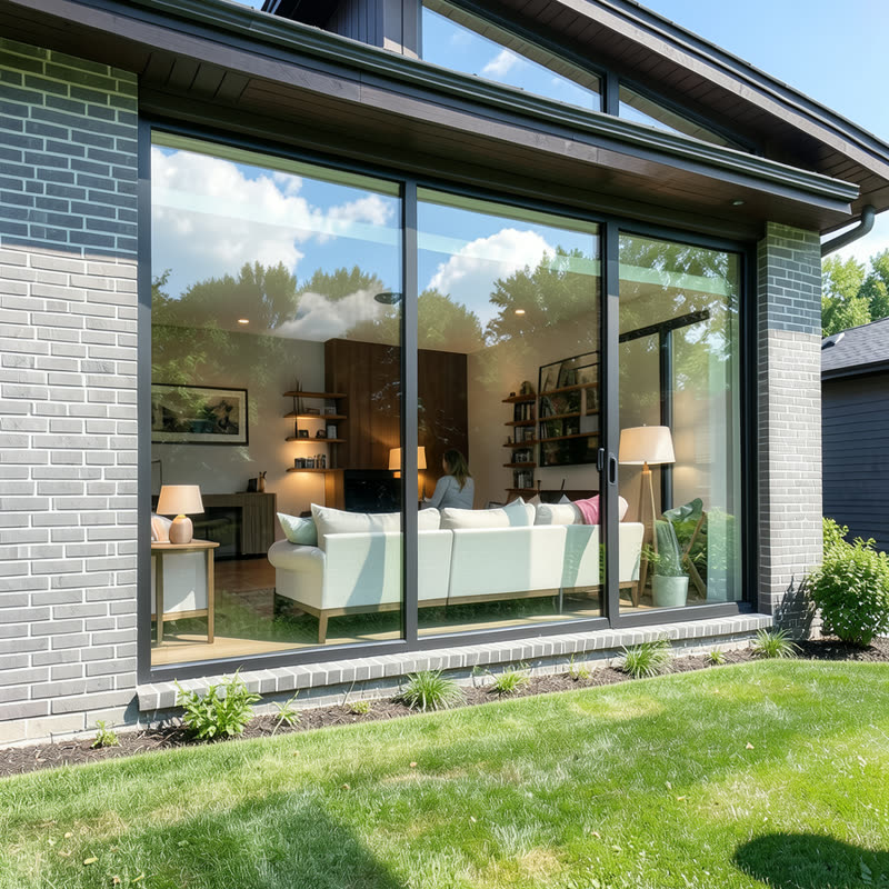La même maison avec une pellicule de sécurité transparente : la vitre reste claire et reflète le ciel