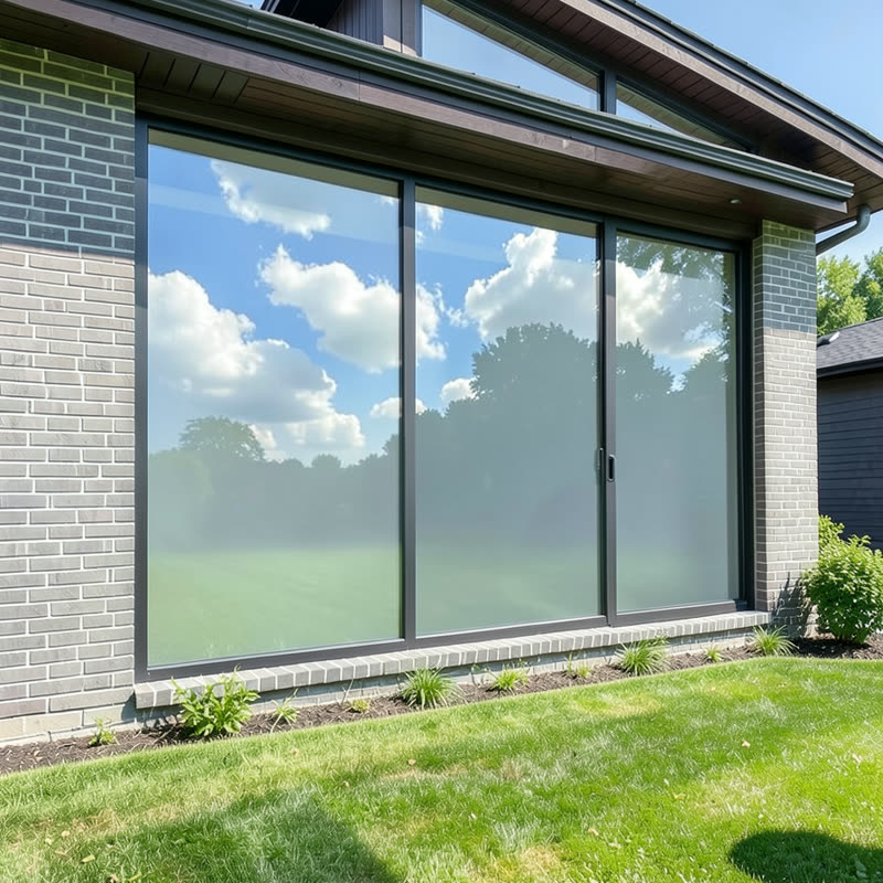 Maison avec pellicule solaire miroir : les fenêtres reflètent le ciel